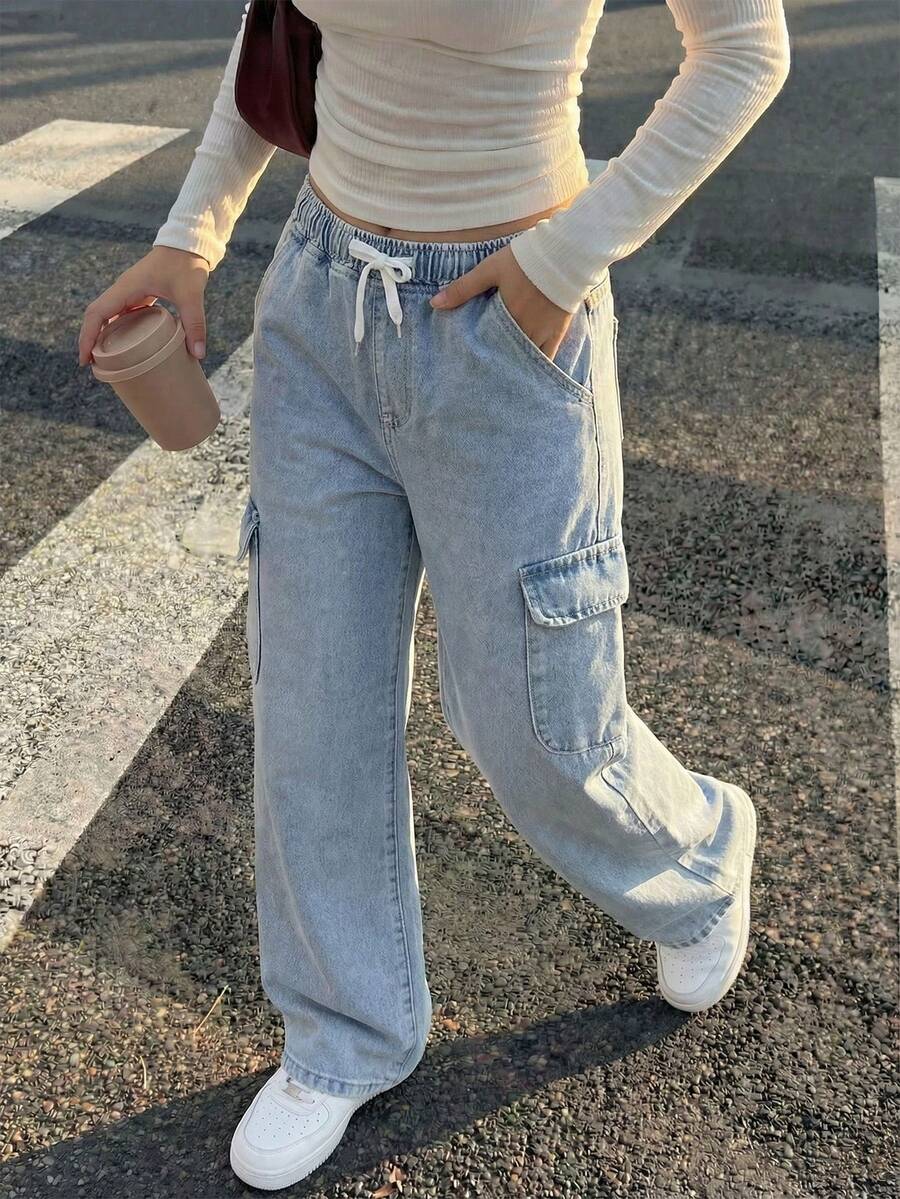SHEIN Explorewe Girls' Soft Washed Versatile Loose Comfortable Casual Elastic Waist + Drawstring Waist, Side Pockets Design Straight Leg Cargo Jeans, Mid Blue - Medium Wash - View 1
