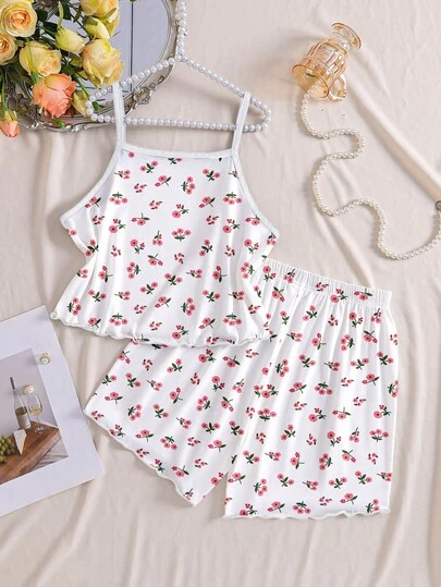 2pcs/Set Teenage Girls Casual Ditsy Floral Camisole Top And Shorts Pajama Set, Comfortable Home Wear