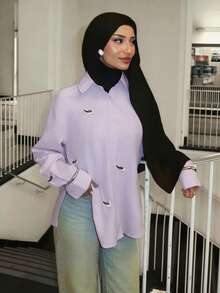 Solavon Áo sơ mi nữ dài tay, cài một hàng khuy, dáng rộng, họa tiết chim chóc, kiểu dáng thường ngày. - Màu tím hoa cà - Xem 1