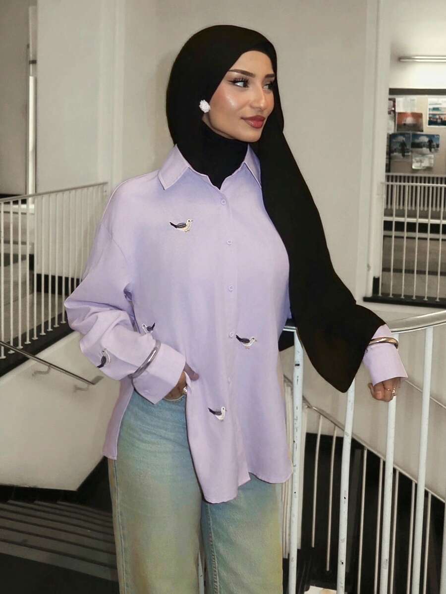 Solavon Áo sơ mi nữ dài tay, cài một hàng khuy, dáng rộng, họa tiết chim chóc, kiểu dáng thường ngày. - Màu tím hoa cà - Xem 1