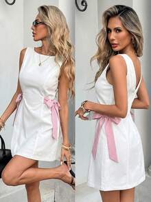 Serisse Đầm denim nữ không tay dáng suông, thắt eo, thích hợp cho mùa hè, xuân hè, lễ hội, đi làm, nghỉ mát, tốt nghiệp, phong cách Y2K, dễ thương, thời trang đường phố, dự tiệc, đám cưới, thanh lịch, công sở, thường ngày. Đầm denim mini dáng chữ A không tay với chi tiết buộc dây bên hông sành điệu, hoàn hảo cho trang phục thường ngày mùa hè. - trắng - Xem 6