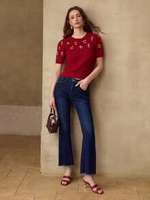 MOTF PREMIUM EMBROIDERED FLORAL KNIT FITTED PETAL SLEEVE KNIT TOP FOR WOMEN - Red - View 6