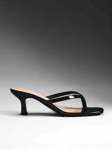 Denimoi Giày sandal quai mảnh mũi vuông đế bằng màu đen bóng cho nữ - Giày mùa xuân sang trọng và thoải mái - màu đen - Xem 9