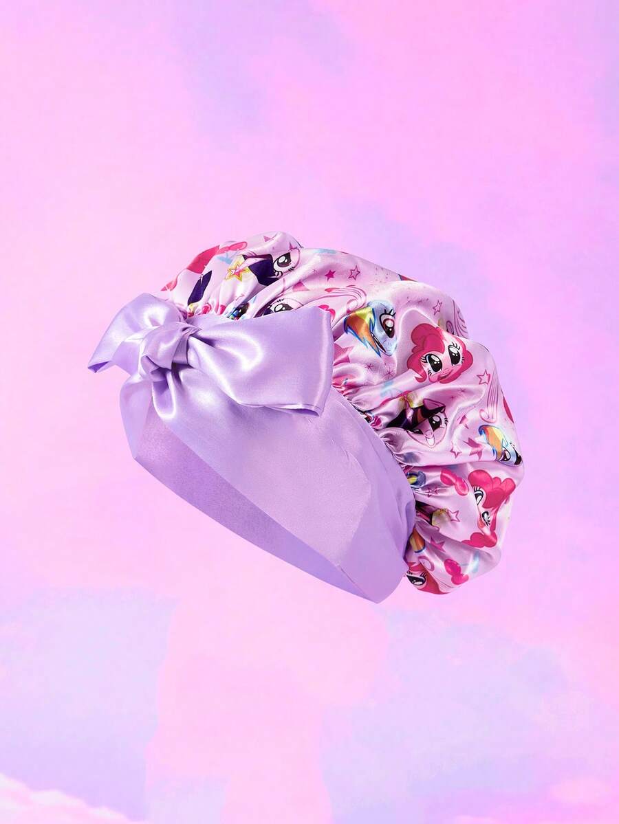 My Little Pony X SHEIN 升级版双层紫色女士护发帽,宽弹力缎面可爱卡通熊印花,系带睡眠帽,柔软舒适,适合日常居家和睡眠佩戴 - 彩色 - 查看 1
