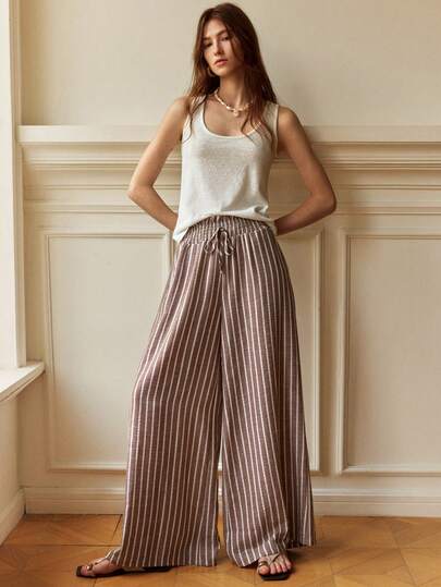 Écloséra New Arrival Women's High-Waisted Pleated Wide-Leg Pants, Soft & Elegant Work Outfits For Women, Country Concert Outfit,Work Outfits For Women ,Women's Plaid Pants Mothers Day Outfit Beach Outfit For Women Brown Pants