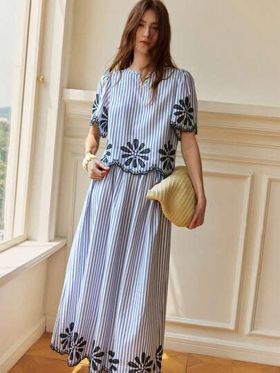 Écloséra Bộ đồ 2 mảnh phong cách Bohemian thường ngày dành cho nữ, màu xanh dương và trắng kẻ sọc thêu, thích hợp cho kỳ nghỉ.