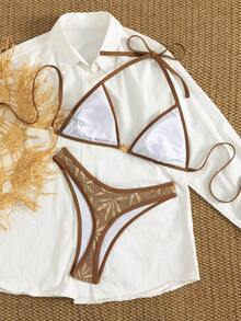 Swim Vcay 2pcs/Set New Solid Color Textured Fabric Halter Sexy Elegant Vacation Bikini Swimsuit Set, Suitable For Beach, Pool Party - Brown - View 2