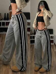 StreetHx Quần jeans ống rộng dáng suông kẻ sọc bên hông dành cho nữ - Xám - Xem 11