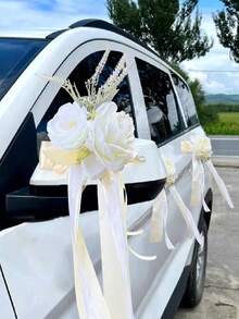 1pc Artificial Flowers Wedding Decor Rose Flower (With Suction Cup)Car Rearview Mirror Present Ribbon Light House Decor Aisle Chair Decor For Party Wedding - one-size - View 8