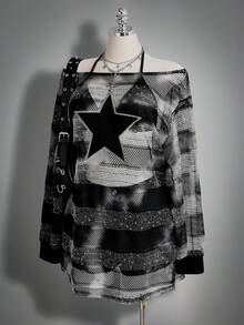 SHEIN ICON 大尺碼女款黑色秋季 2000s Y2K 70s 90s 露肩半透視洋裝，五角星貼花刺繡，適合夜店派對、夜生活、寬鬆版型 - 黑與白 - 查看 3