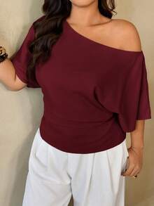 Auralis Plus Size Spring/Summer New Versatile Minimalist Commuter Asymmetric Batwing Sleeve Ruched Waist Fitted Pullover Blouse - Burgundy - View 5