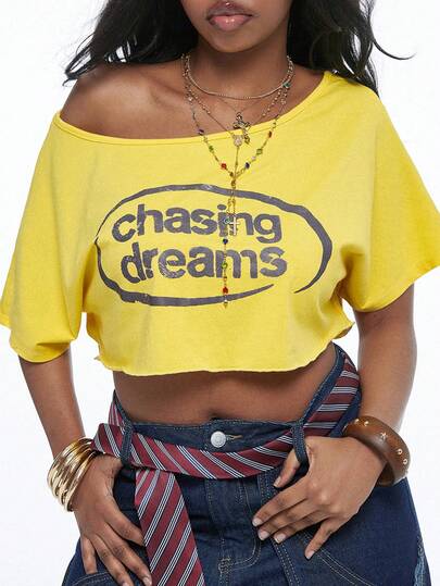 Vadaroq Women's Summer Streetwear Casual Going Out Y2k Music Festival Graphics Off Shoulder Backless Crop Yellow T-Shirt