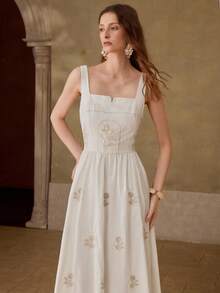 MOTF PREMIUM Đầm cổ vuông thêu hoa, đầm chữ A jacquard họa tiết đồng quê ngọt ngào dành cho nữ. - Màu be - Xem 4