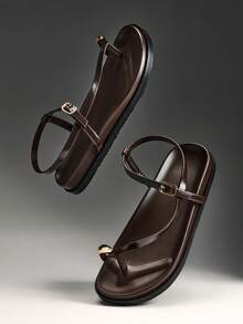 Denimoi Women's Comfortable Gold Metal Toe Ring Flat Sandals For Christmas - Chocolate Brown - View 2