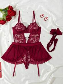 Set de 5 piezas: Body de encaje y malla sexy + Falda con volantes y liguero + 2 pares de medias - Burdeos - Ver 5