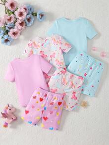 Conjunto de 3 piezas de pijama de ajuste ceñido para niña, top de manga corta y shorts, diseño de patrón de dibujos animados de unicornio, tela suave y cómoda, adecuado para ropa de estar en casa de niños - Multicolor - Ver 2