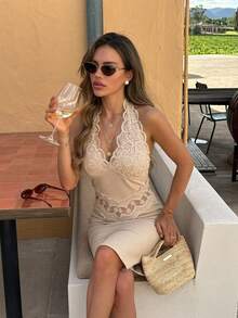Serisse Đầm dự tiệc midi thanh lịch dành cho nữ, cổ buộc dây, hở lưng, thắt eo. - Màu Khaki - Xem 4