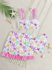 SHEIN Tween Girl White Ruffled Swimwear Set,Cute Starfish Design 3 Pieces Bikini,Holiday Summer Resort Style Bathing Suit For Girls Pool Party Swimwear - Pink - View 2