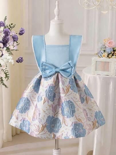 1pc Girls' Summer New Satin Top With Bow Accent, Jacquard Skirt With Elastic Waist, Elegant Vintage Style Princess Dress For Birthday Party, Performance