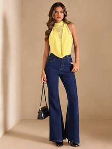 SHEIN BAE 女士优雅蕾丝拼接露背连体衣，性感紧身，适合鸡尾酒会、浪漫约会、聚会、派对、情人节、春夏等场合。 - 黃色 - 查看 4