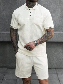 Manfinity CasualCool 男士白色提花 Polo 衫與短褲 2 件套，夏季休閒度假穿搭，華夫格針織短袖 Polo 衫，彈性腰頭短褲，適合正裝場合 - 杏色 - 查看 5