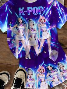 SHEIN 女童休闲圆领卡通字母印花短袖T恤短裤套装，适合度假、聚会、日常穿着、音乐会等场合。 - 彩色 - 查看 6
