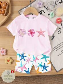 Elladie kids 6pcs Baby Girl Sweet Cute Smiling Face, Letter, Dopamine Print Tie-Dye Color Casual Summer Outfit Set - Multicolor - View 5