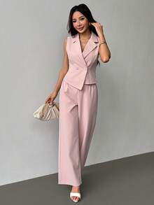 PETITE Conjunto de 2 piezas de ropa de otoño, top sin mangas y pantalón de unicolor - Rosa - Ver 3