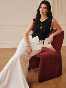 ZEYLAH Elegant Lace Patchwork Colorblock Fitted Dress, Spring/Summer - Black and White - View 4