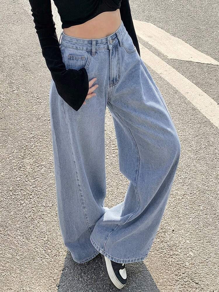 Women's Solid Color Slant Pocket Loose Casual Straight Leg Jeans