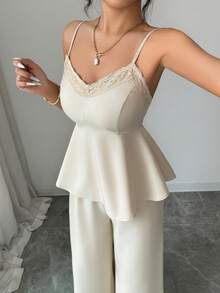 Elenzga Bộ đồ nữ thời trang gồm áo hai dây phối ren và quần ống rộng có túi, trang phục đi nghỉ mát 2 mảnh, bộ đồ hè cho nữ, bộ đồ hè 2 mảnh, phong cách nghỉ hè, bộ đồ đi biển 2 mảnh cho nữ - Màu be - Xem 3