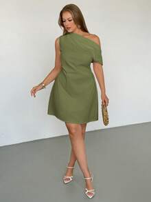 Auralis Plus Size Women's Solid Color Asymmetrical Shoulder Casual Dress Festival Outfits For Women One Sided Chic Dresses Cocktail - Army Green - View 4