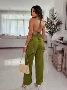Xyvia Conjunto de dos piezas de primavera/verano nuevo con top bralette de hombros descubiertos con textura elástica en verde oliva elegante y sexy con diseño de bajo asimétrico + pantalones de pierna ancha para vacaciones en la playa. Conjunto de dos piezas de punto para uso festivo (Navidad, Día del Maestro, Carnaval, Pascua, Día de San Valentín, Mes del Orgullo) con estilo de resort, estilo de cóctel ligero, equilibrando la sensualidad con la practicidad diaria. - Verde - Ver 2