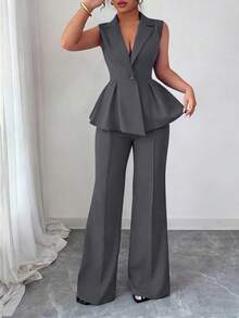 SHEIN Elenzya Bộ vest nữ cỡ lớn không tay, cổ áo, thắt eo, thanh lịch, lãng mạn. - Màu xám đen - Xem 3