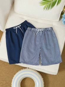 SHEIN 男童两件套泳衣，海军蓝纯色+条纹印花梭织面料，清爽海滩度假风，适合夏季穿着 - 藏蓝色 - 查看 1