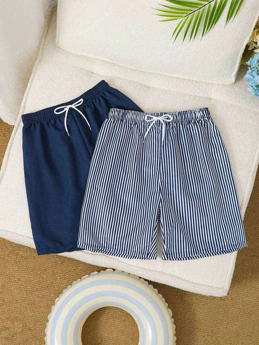 SHEIN 男童两件套泳衣，海军蓝纯色+条纹印花梭织面料，清爽海滩度假风，适合夏季穿着 - 藏蓝色 - 查看 1