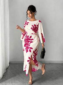 Elenzga 大码女士优雅通勤简约日常约会派对性感宴会开衩袖口修身杏色底黑色印花长裙 - 玫紅色 - 查看 1