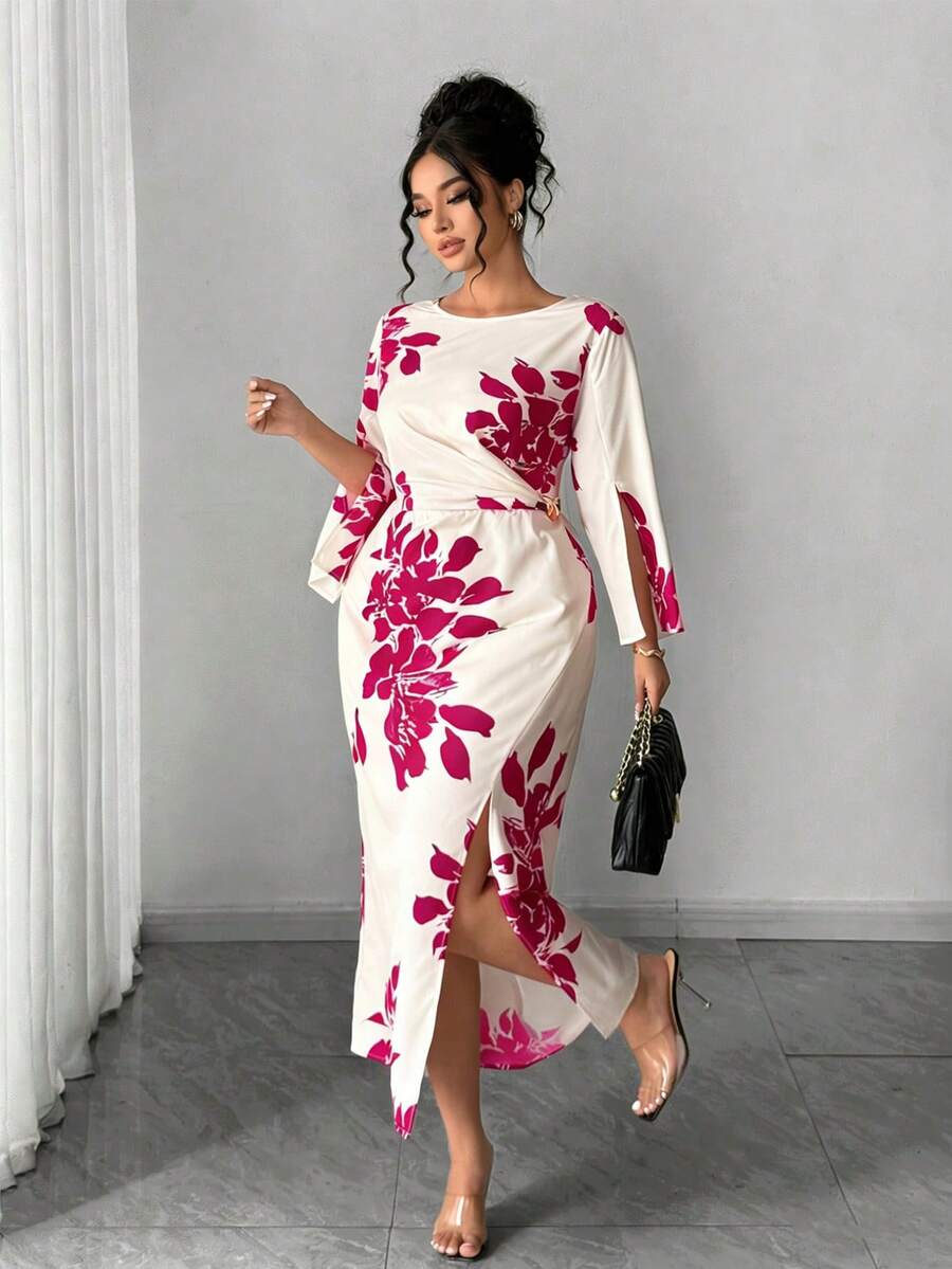 Elenzga 大码女士优雅通勤简约日常约会派对性感宴会开衩袖口修身杏色底黑色印花长裙 - 玫紅色 - 查看 1