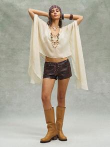 Bohemela 女士休闲纯色宽松梭织衬衫 - 杏色 - 查看 5