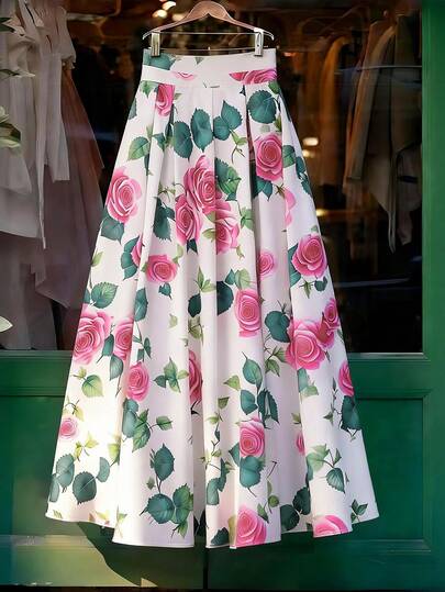 Franclia Women's Elegant Rose Floral A-Line Midi Skirt For Summer