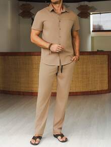 Manfinity CasualCool Bộ đồ nam thường ngày, áo sơ mi ngắn tay màu trơn và quần dài. - màu nâu - Xem 5