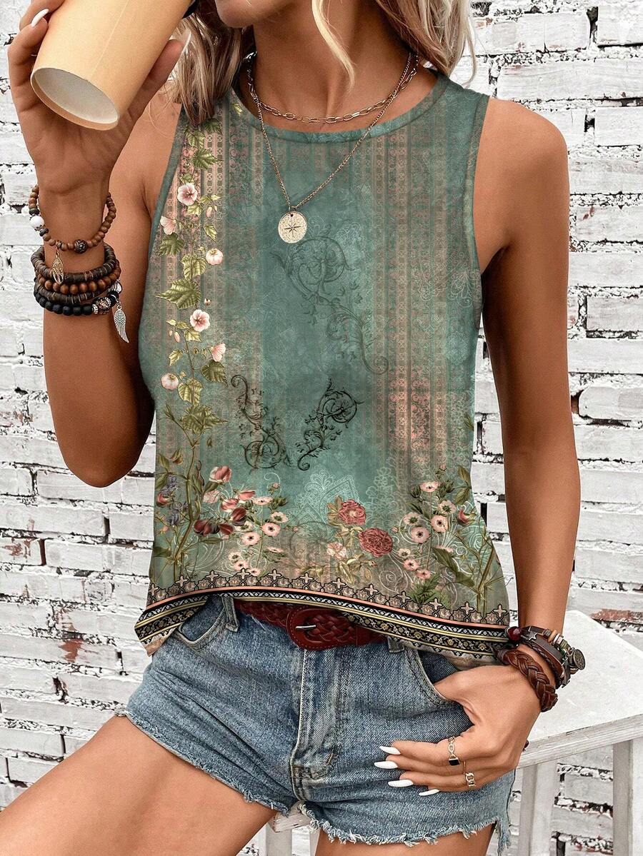 SHEIN LUNE Áo hai dây và áo tank top mùa hè cỡ lớn dành cho nữ, kiểu dáng bohemian tối giản, thanh lịch, họa tiết hoa màu xanh lá cây cổ điển, phù hợp cho các lễ hội âm nhạc, trang phục đi biển, kỳ nghỉ. - Nhiều màu - Xem 1
