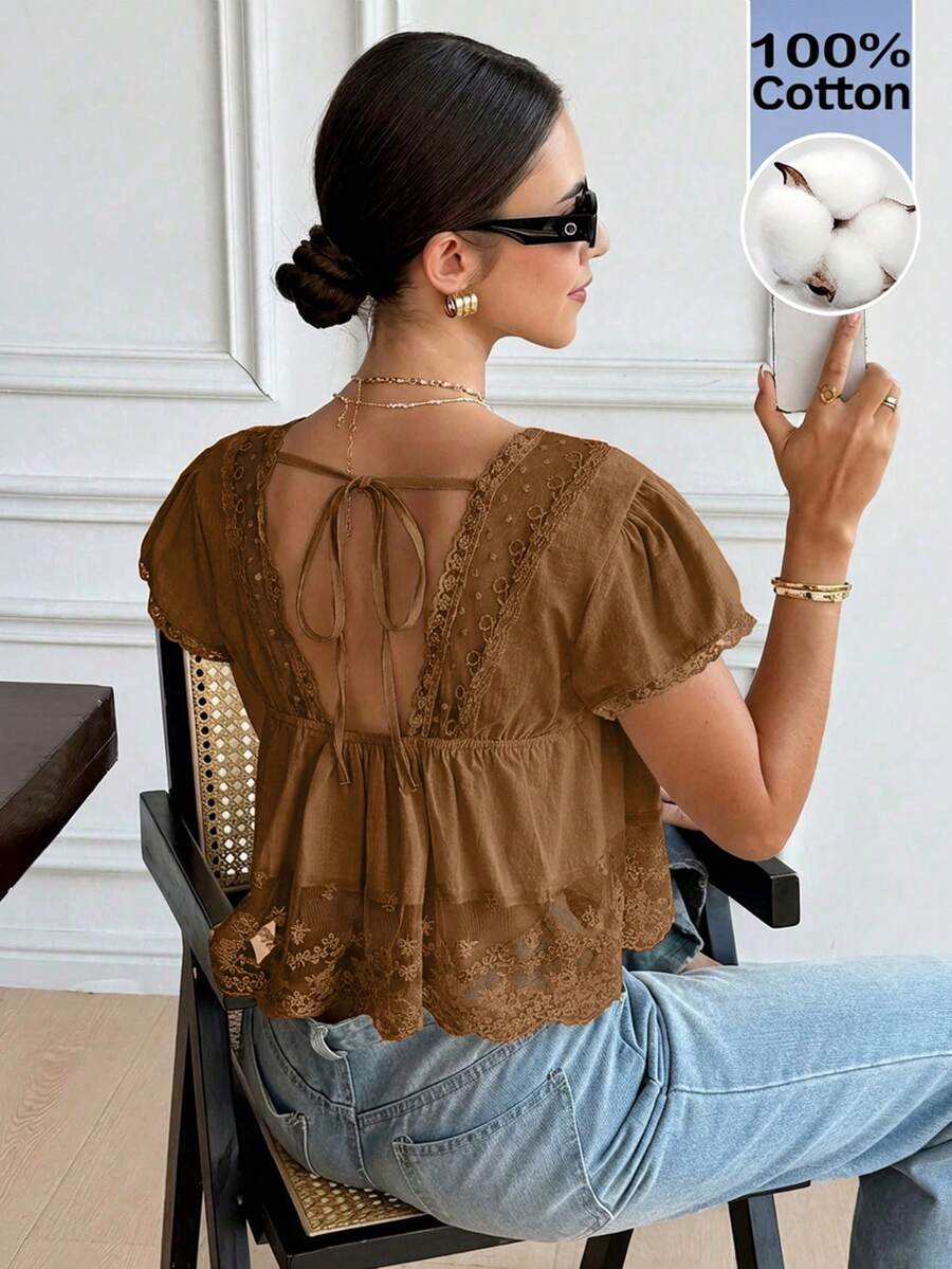 Serisse Áo kiểu nữ mùa hè dáng rộng, cổ chữ V, tay ngắn, hở lưng, buộc dây phía trước, chất liệu lưới thêu họa tiết. - Bụi hồng - Xem 1