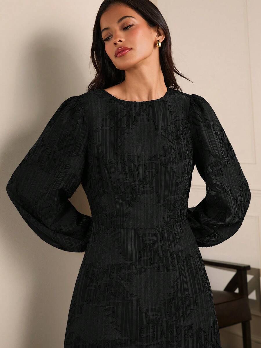 Lilora Đầm dài tay họa tiết jacquard thanh lịch dành cho nữ, trang phục mùa xuân sang trọng và thời trang. - màu đen - Xem 1