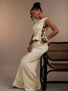 Hauture 女士性感休闲阔腿亚麻长裤 - 杏色 - 查看 1