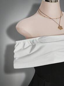 SHEIN ICON 大码女式蝴蝶结装饰黑白撞色露肩连衣裙 - 黑與白 - 查看 8