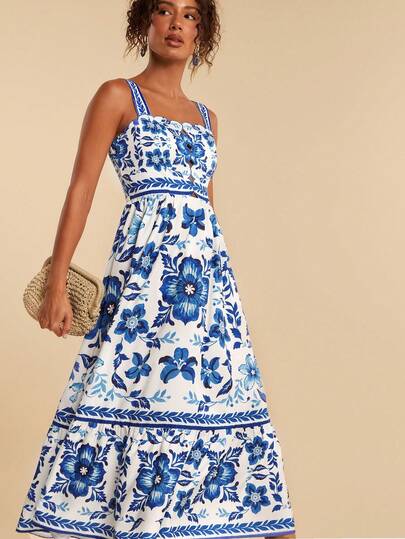 Travachic Vestido de tirantes con estampado floral azul y blanco, bordado y con ribete de concha, para uso en vacaciones, vestido de verano, uso diario, vestido bordado, atuendos de vacaciones para mujer, ropa occidental para mujer, atuendos de vacaciones en la isla, adecuado para vacaciones, té de la tarde, playa, casual, sencillo, bohemio de vacaciones, ropa de playa, Pascua, atuendos de playa para mujer, ropa de mujer para vacaciones tropicales