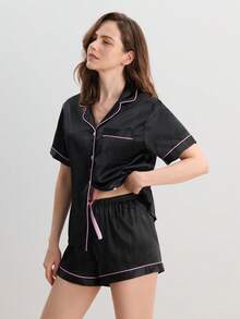 Hourtrue Contrast Piping Blouse & Bow Front Shorts PJ Set / Pajama Set Bow Tie - Black - View 8
