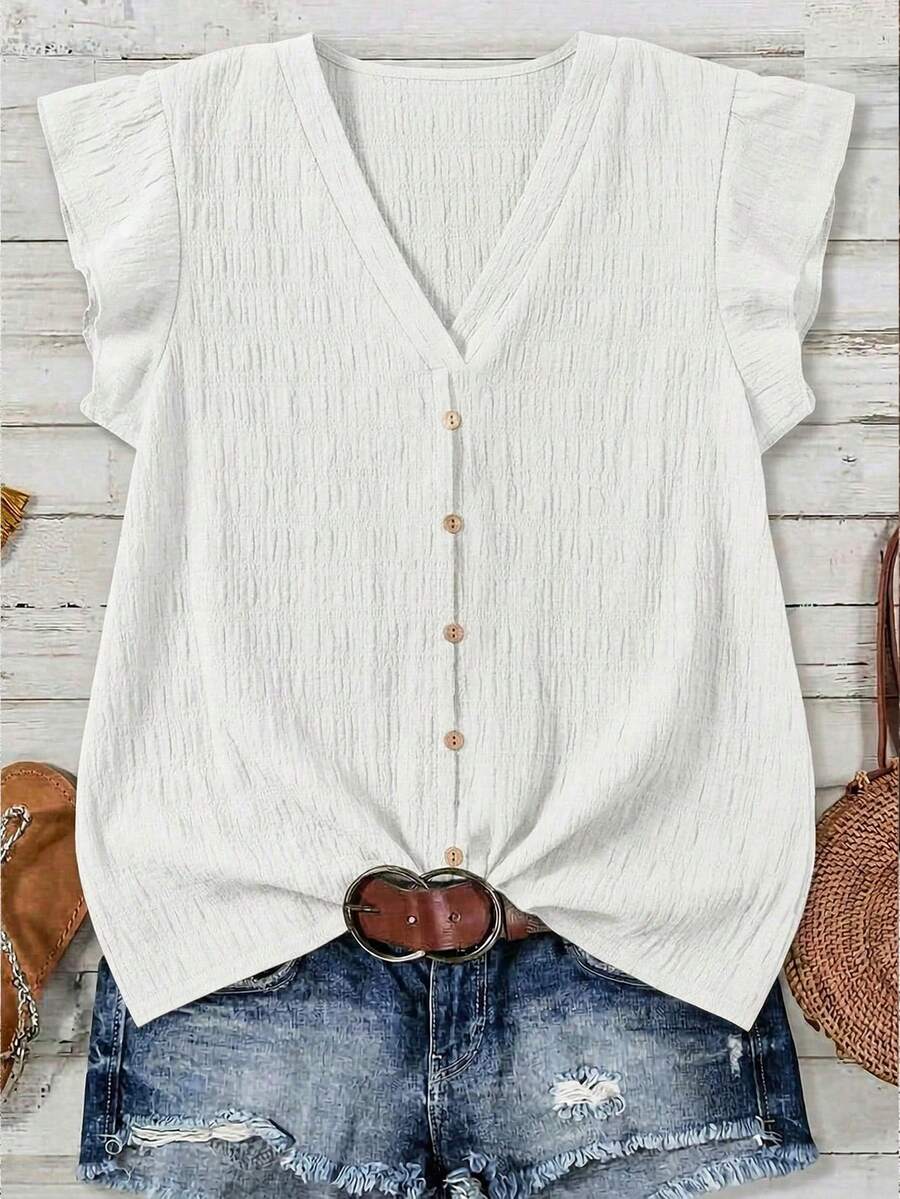 EMERY ROSE Plus Size Casual White Shirt, Suitable For Summer - White - View 1