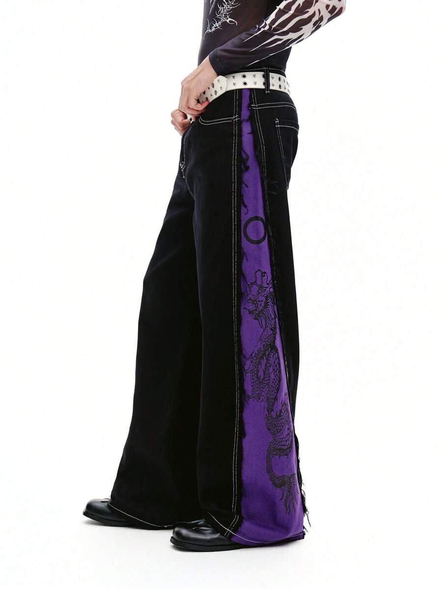 DSELFIQUE Men's Fashion Color Block Wide Leg Jeans Baggy Pants Harajuku Pants Y2k Pants - Multicolor - View 1